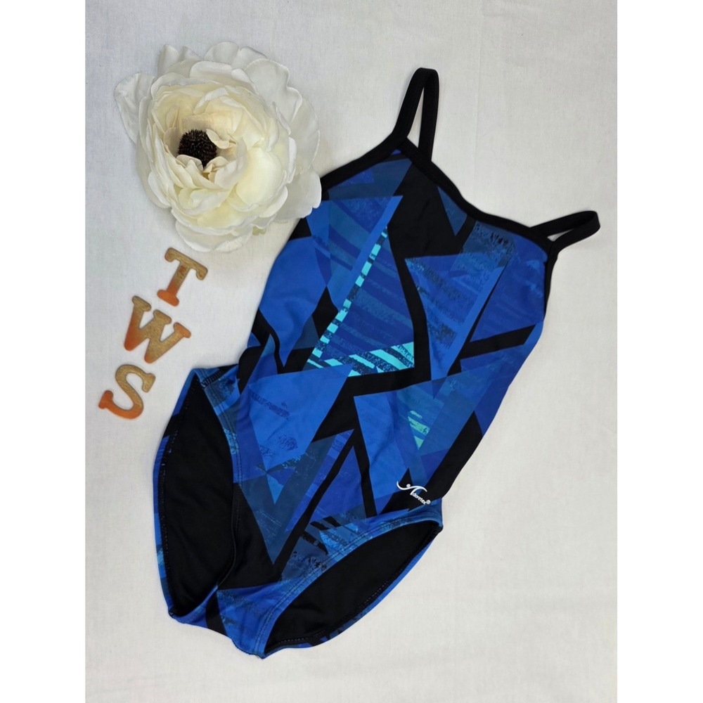 Adoretex Girls Blue Black Geometric One Piece Swimsuit Crossback Size 26